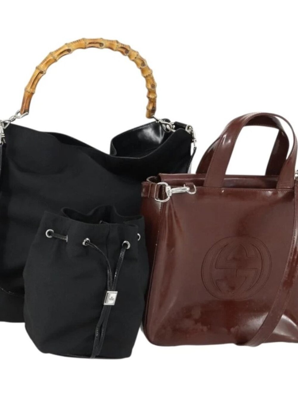 GUCCI Pouch Hand Bag Nylon Enamel 3 Set Black Brown Auth